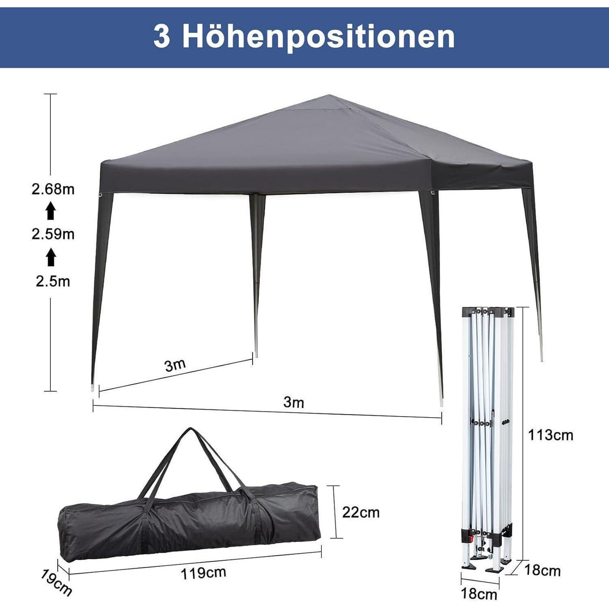 3x3m Pop-Up Pavillon – Wasserdicht & Höhenverstellbar