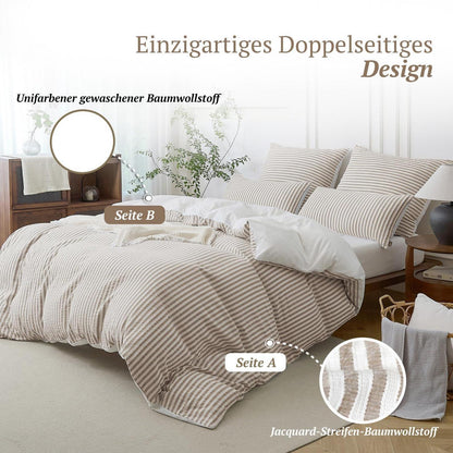 Bettwäsche-Set 135x200 Baumwolle Gestreift Braun & Weiß 4tlg.