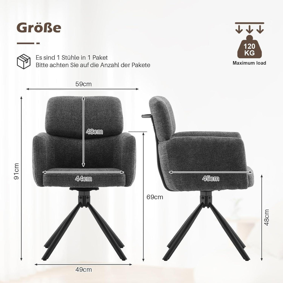 Drehbarer Esszimmerstuhl Grau – Chenille Bürostuhl & Sessel