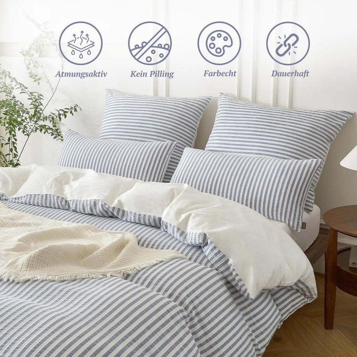 Bettwäsche-Set 135x200 Baumwolle Gestreift Denimblau & Weiß 4tlg.