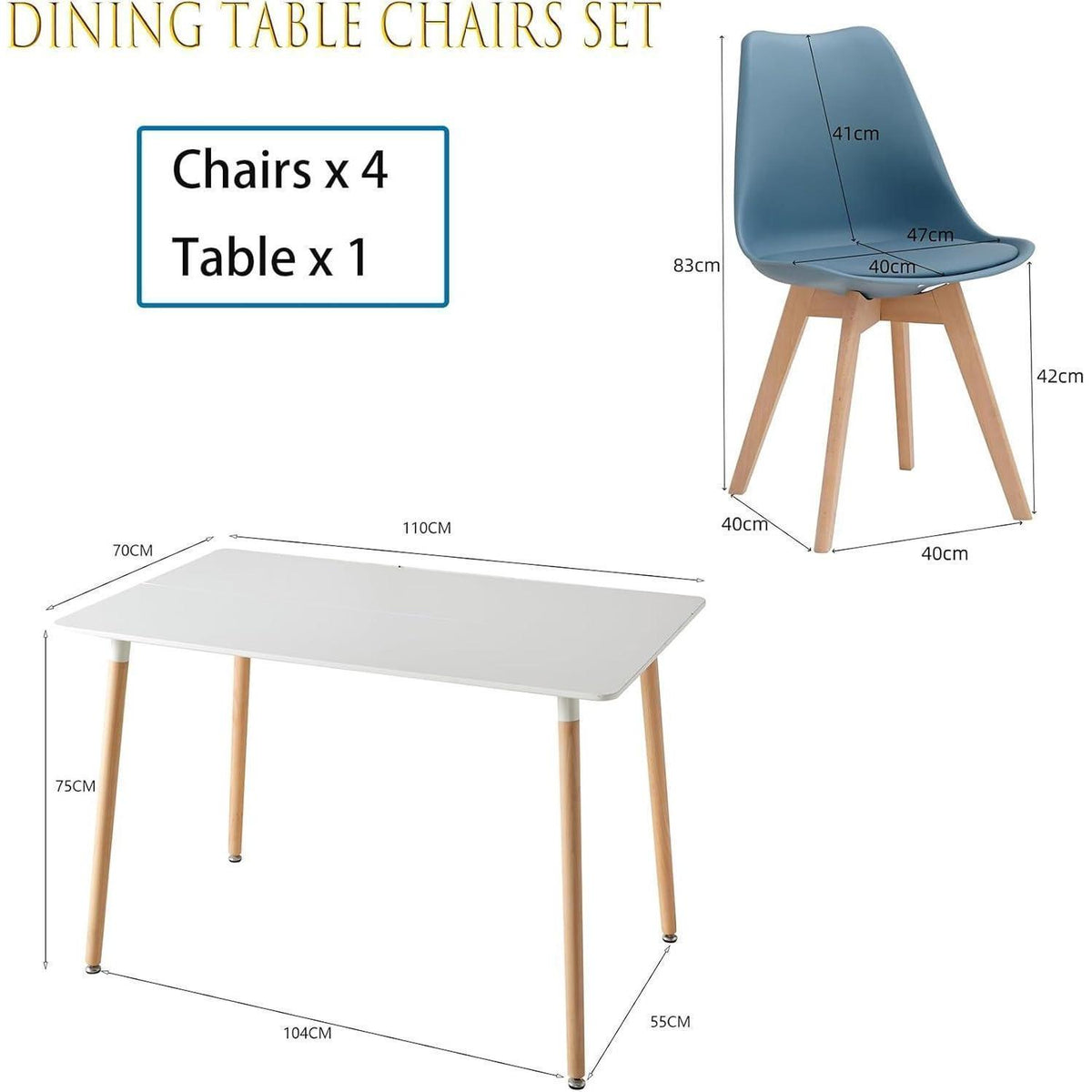 Esszimmer-Set Holz & Dunkelblau – Esstisch mit 4 Stühlen