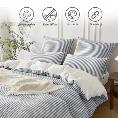 Bettwäsche-Set 135x200 Baumwolle Gestreift Blaugrau & Weiß 4tlg.