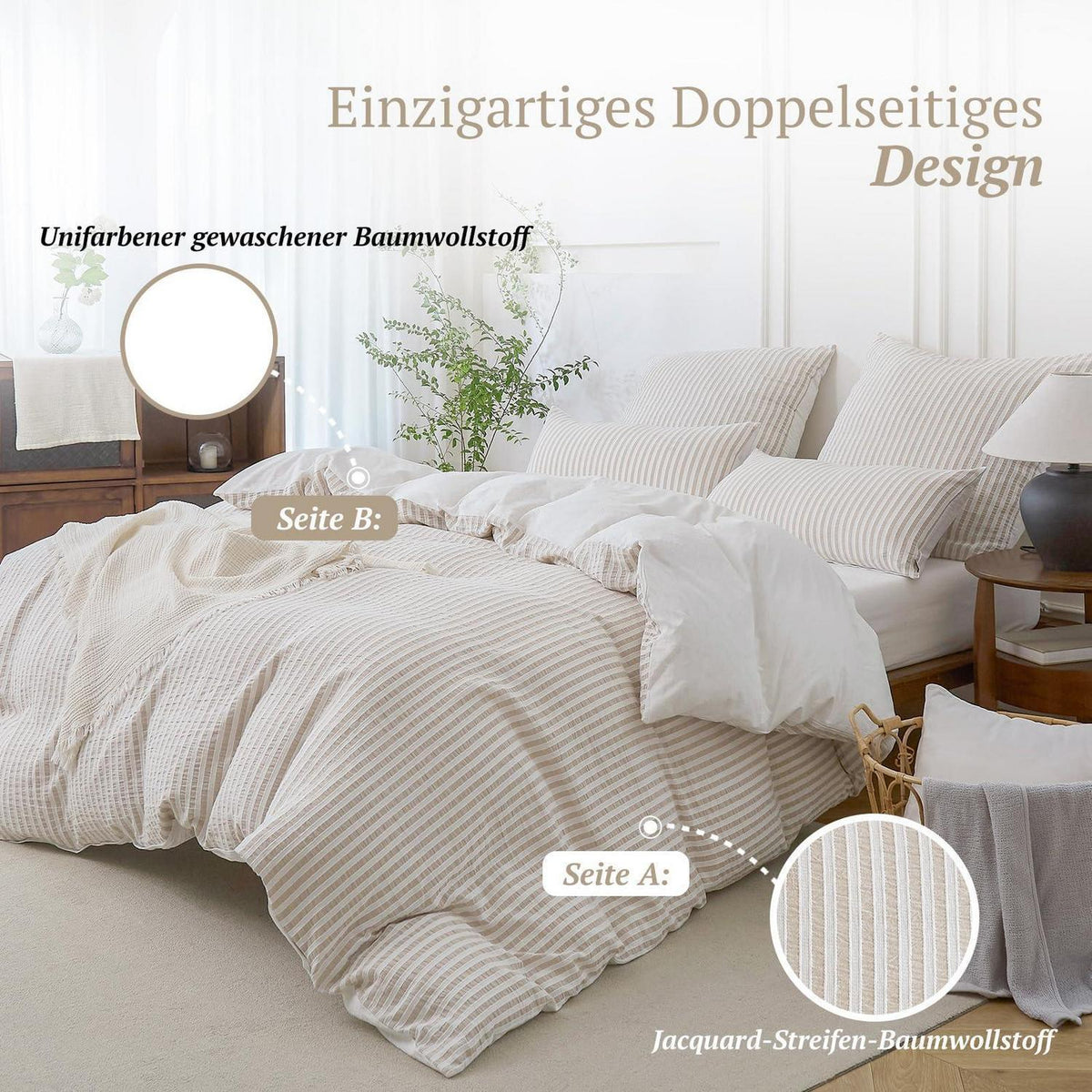 Bettwäsche-Set 135x200 Baumwolle Gestreift Khaki & Weiß 4tlg.