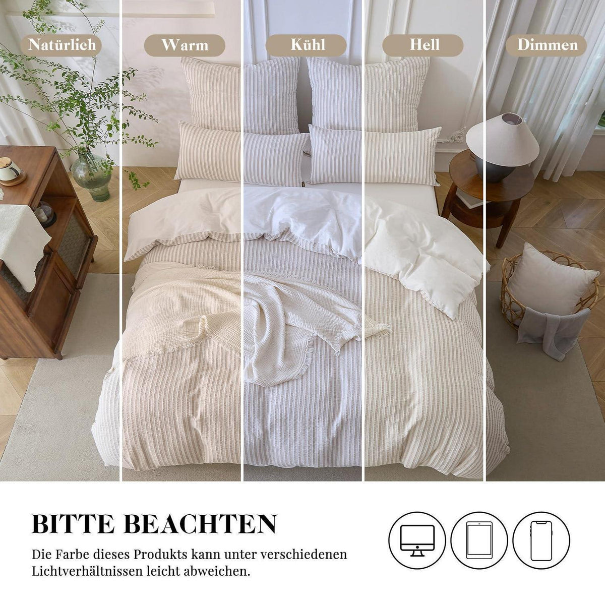Bettwäsche-Set 135x200 Baumwolle Gestreift Khaki & Weiß 4tlg.
