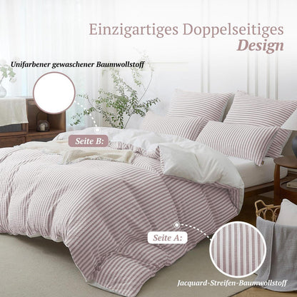 Bettwäsche-Set 135x200 Baumwolle Gestreift Altrosa & Weiß 4tlg.
