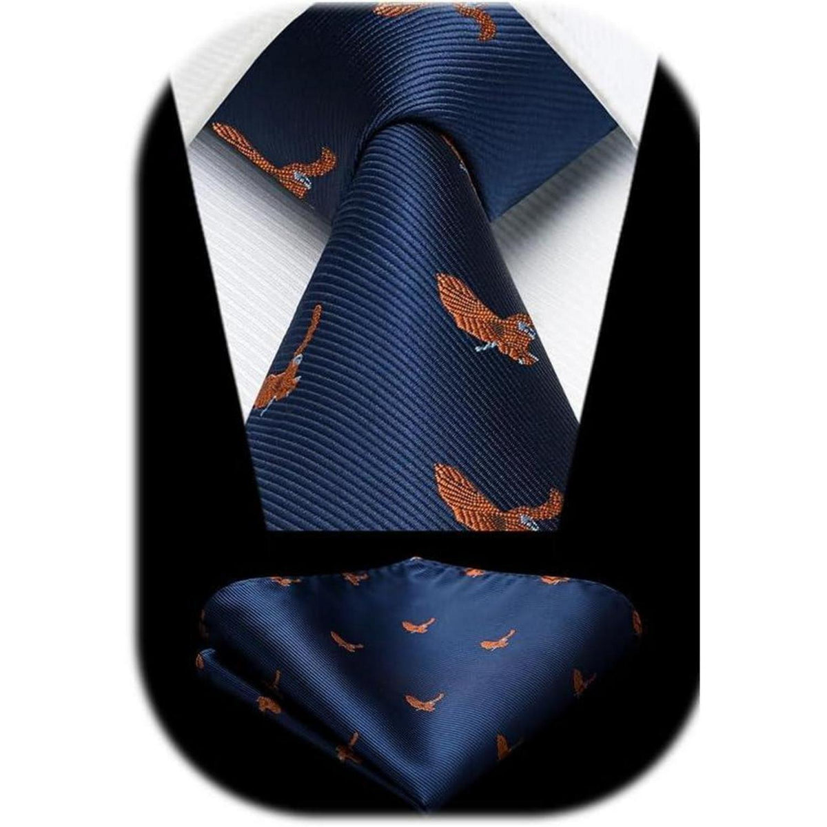 Herren Krawatten Set mit Einstecktuch, Adler Motiv, Marineblau