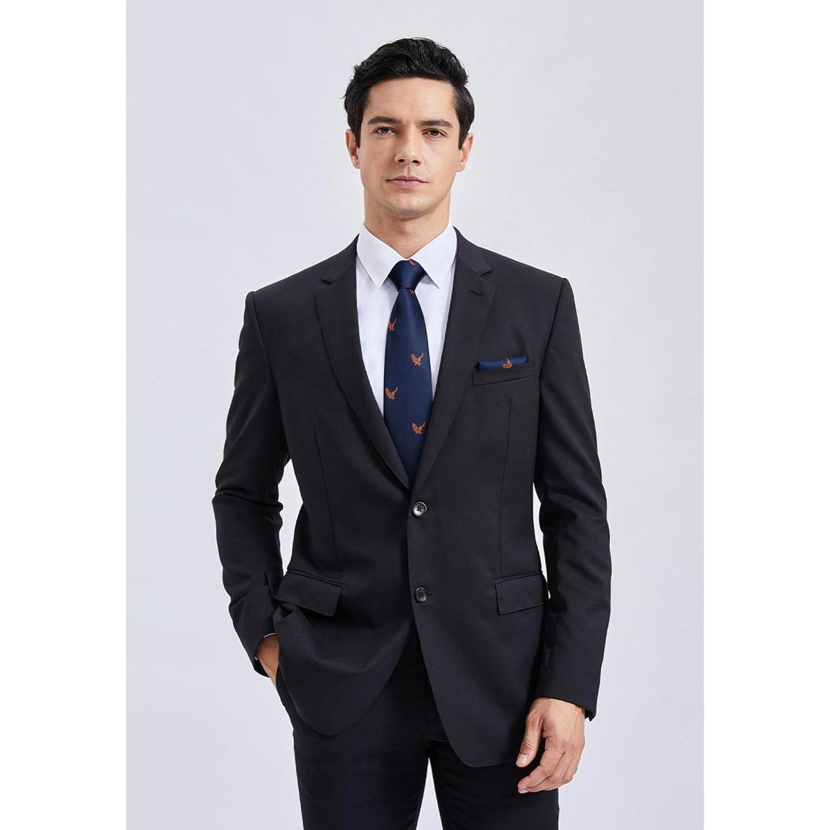 Herren Krawatten Set mit Einstecktuch, Adler Motiv, Marineblau