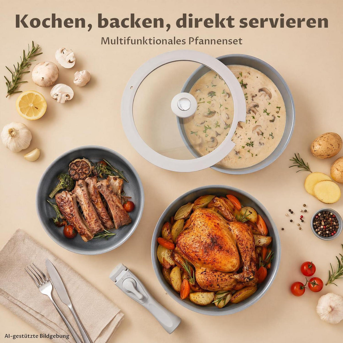 17-tlg. Keramik Topfset Grau – Abnehmbare Griffe & Vielseitig