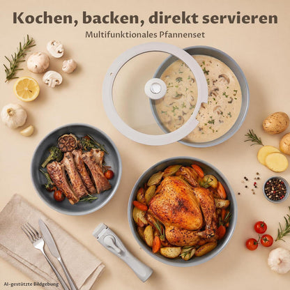 17-tlg. Keramik Topfset Grau – Abnehmbare Griffe & Vielseitig