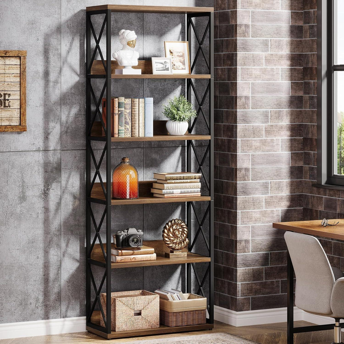 Industrie Bücherregal 6-stöckig, 178cm hoch, Braun & Schwarz