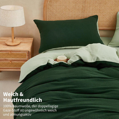Doppelte Muslin Bettwäsche Dunkelgrün 200x220 - 3-teilig