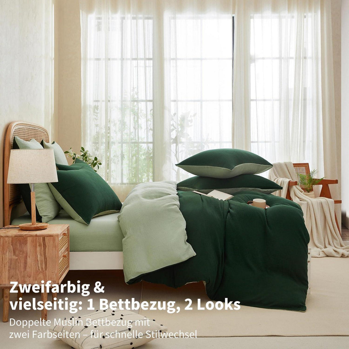 Doppelte Muslin Bettwäsche 200x200 Dunkelgrün - 3-teilig