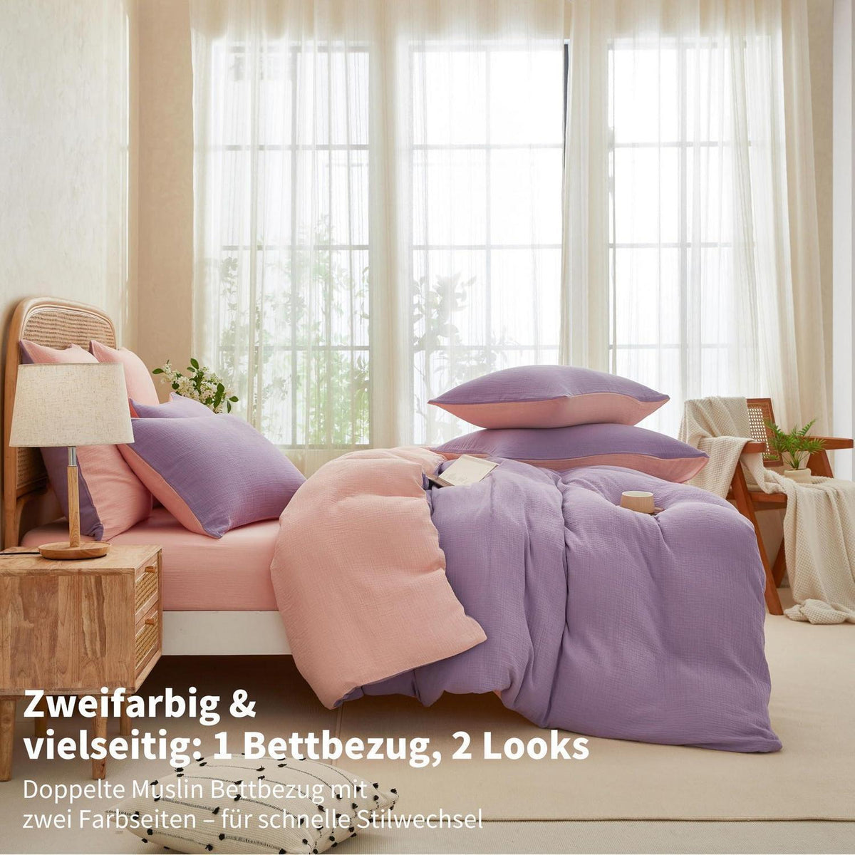 Doppelte Muslin Bettwäsche Lila Rosa 155x220 cm - 3-teilig