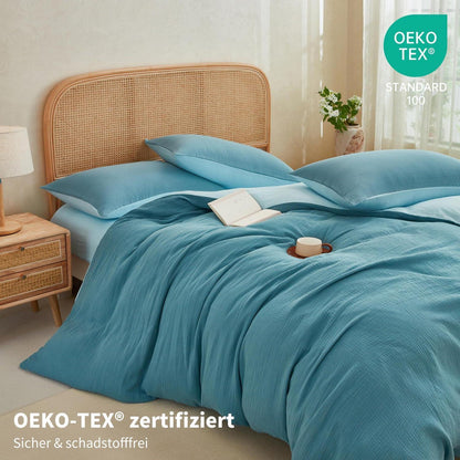 Doppelte Muslin Bettwäsche 200x220 Petrol Blau – 3-teilig