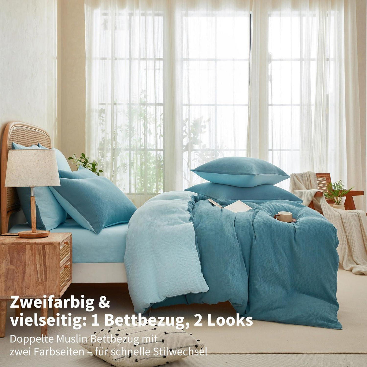 Doppelte Muslin Bettwäsche 200x220 Petrol Blau – 3-teilig