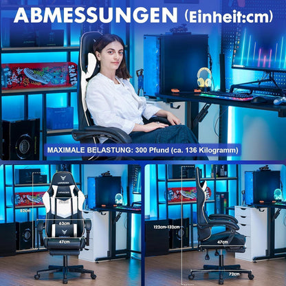 Gaming Stuhl mit Fußstütze, ergonomisch, weiß