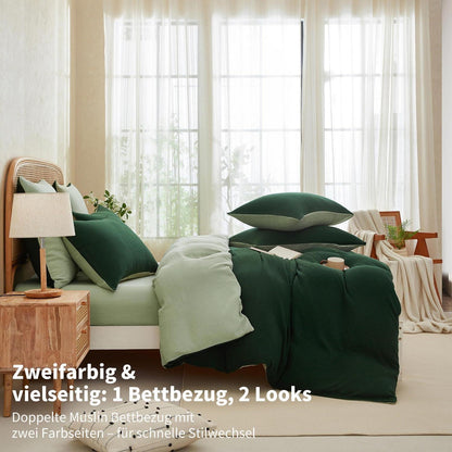Doppelte Muslin Bettwäsche Dunkelgrün 220x240 - 3-teilig