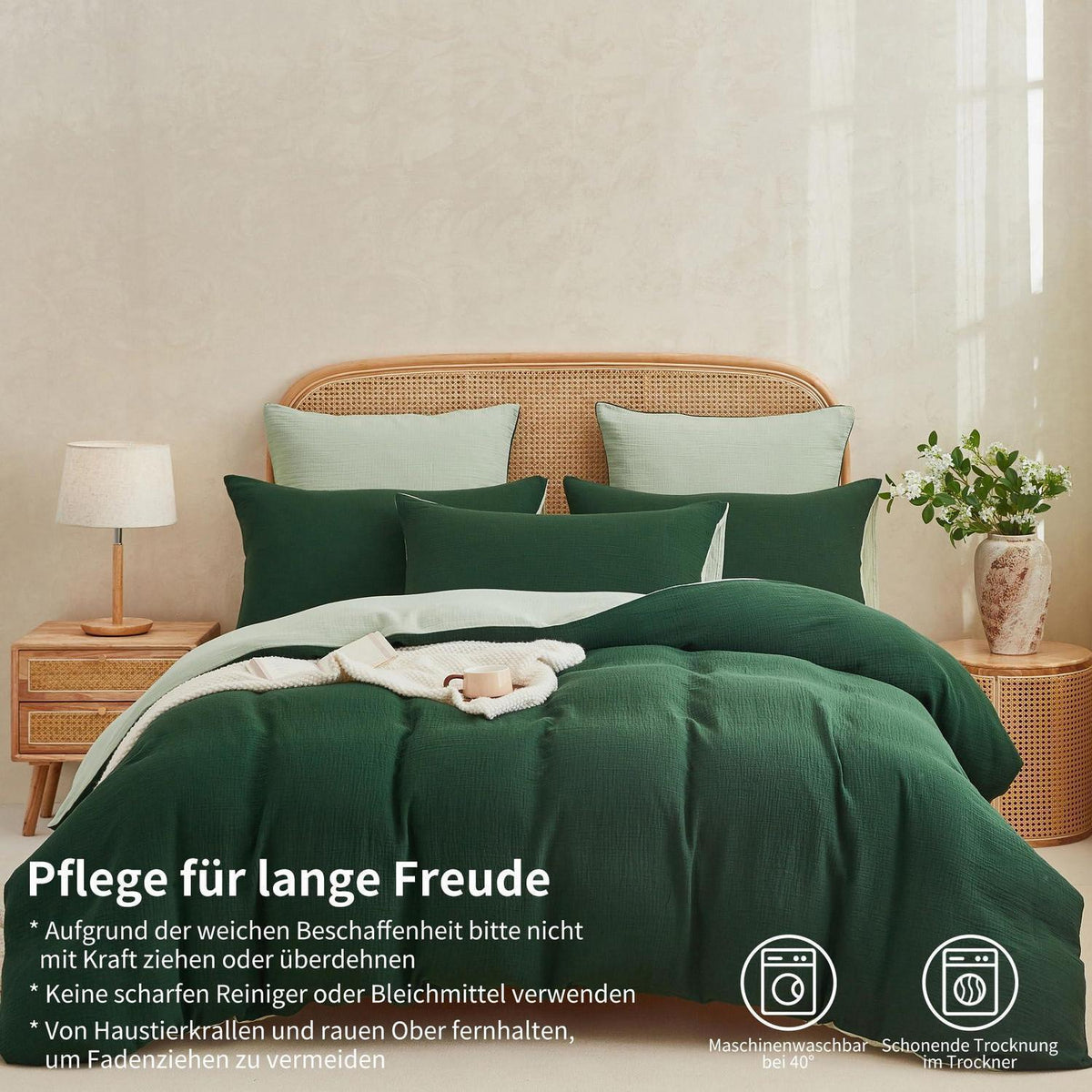 Doppelte Muslin Bettwäsche Dunkelgrün 220x240 - 3-teilig