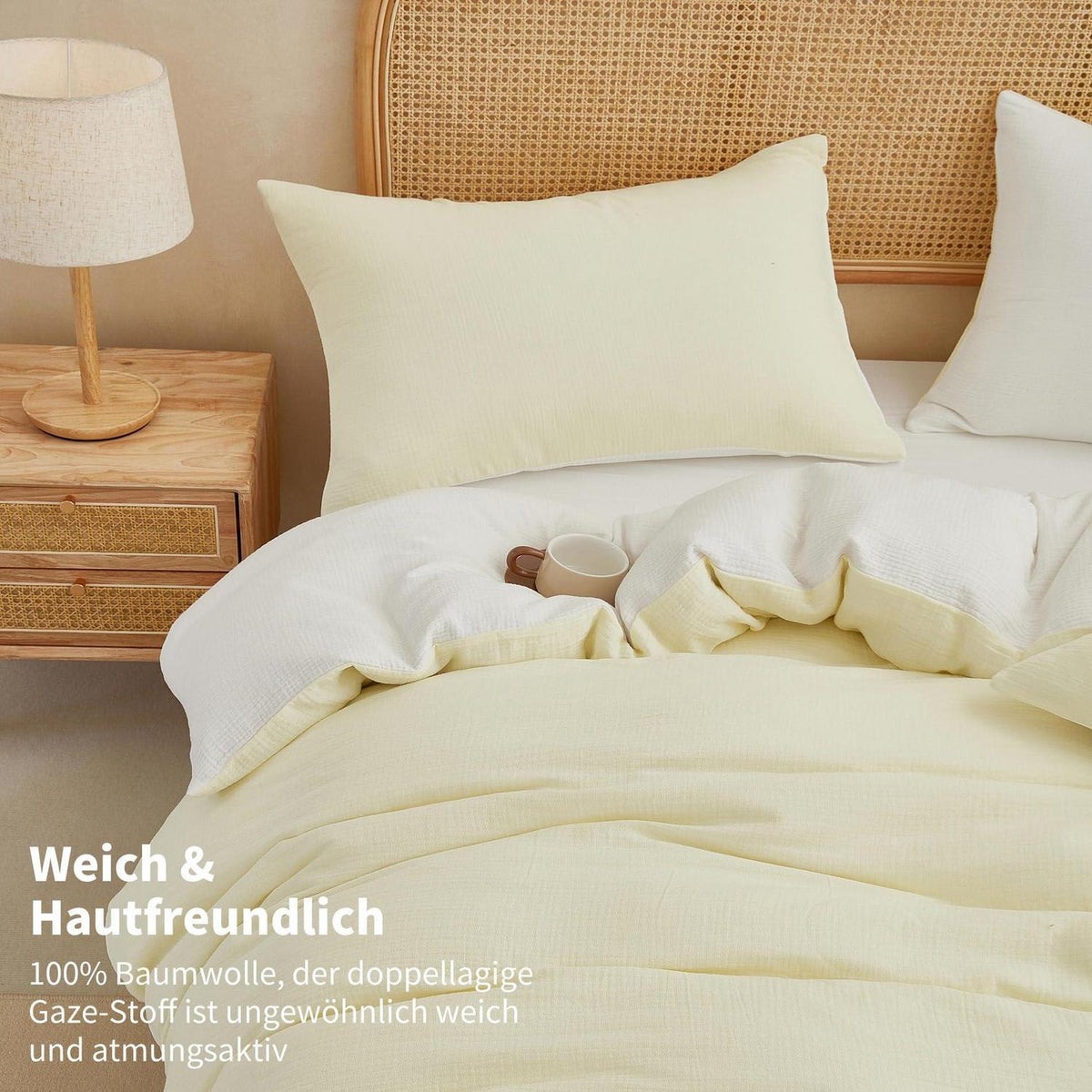 Doppelte Muslin Bettwäsche 155x220 Hellbeige Weiß 100% Baumwolle