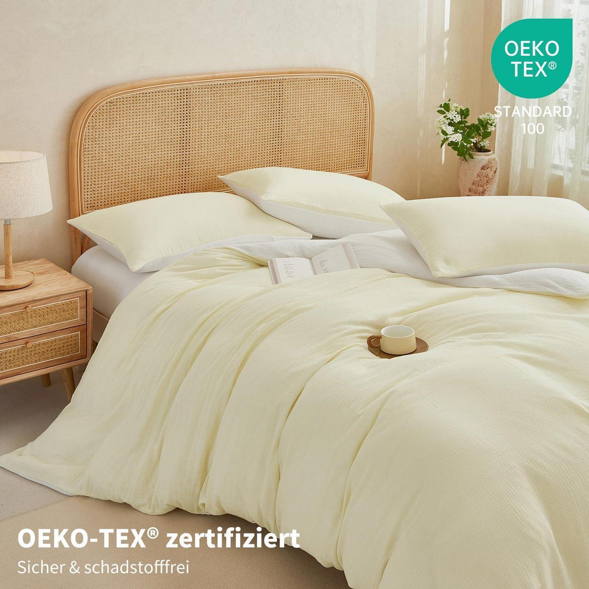 Doppelte Muslin Bettwäsche 155x220 Hellbeige Weiß 100% Baumwolle