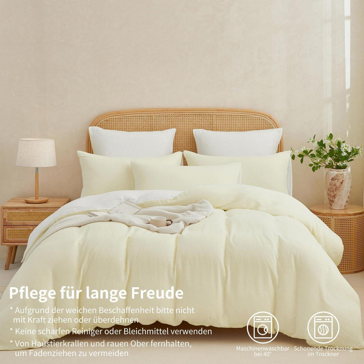 Doppelte Muslin Bettwäsche 155x220 Hellbeige Weiß 100% Baumwolle