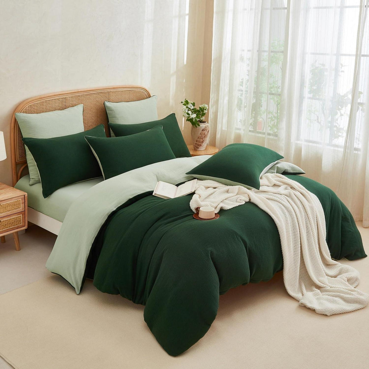 Doppelte Muslin Bettwäsche Dunkelgrün 155x220 cm - 3-teilig