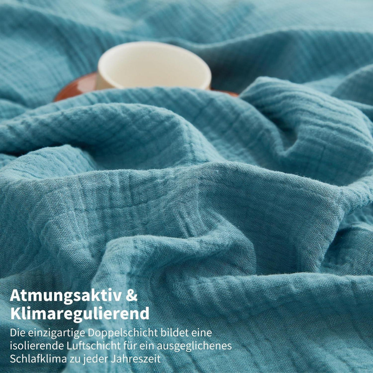 Doppelte Muslin Bettwäsche 200x200 Petrol Blau – 3-teilig