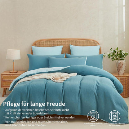 Doppelte Muslin Bettwäsche Petrol Blau 155x220 cm - 3-teilig
