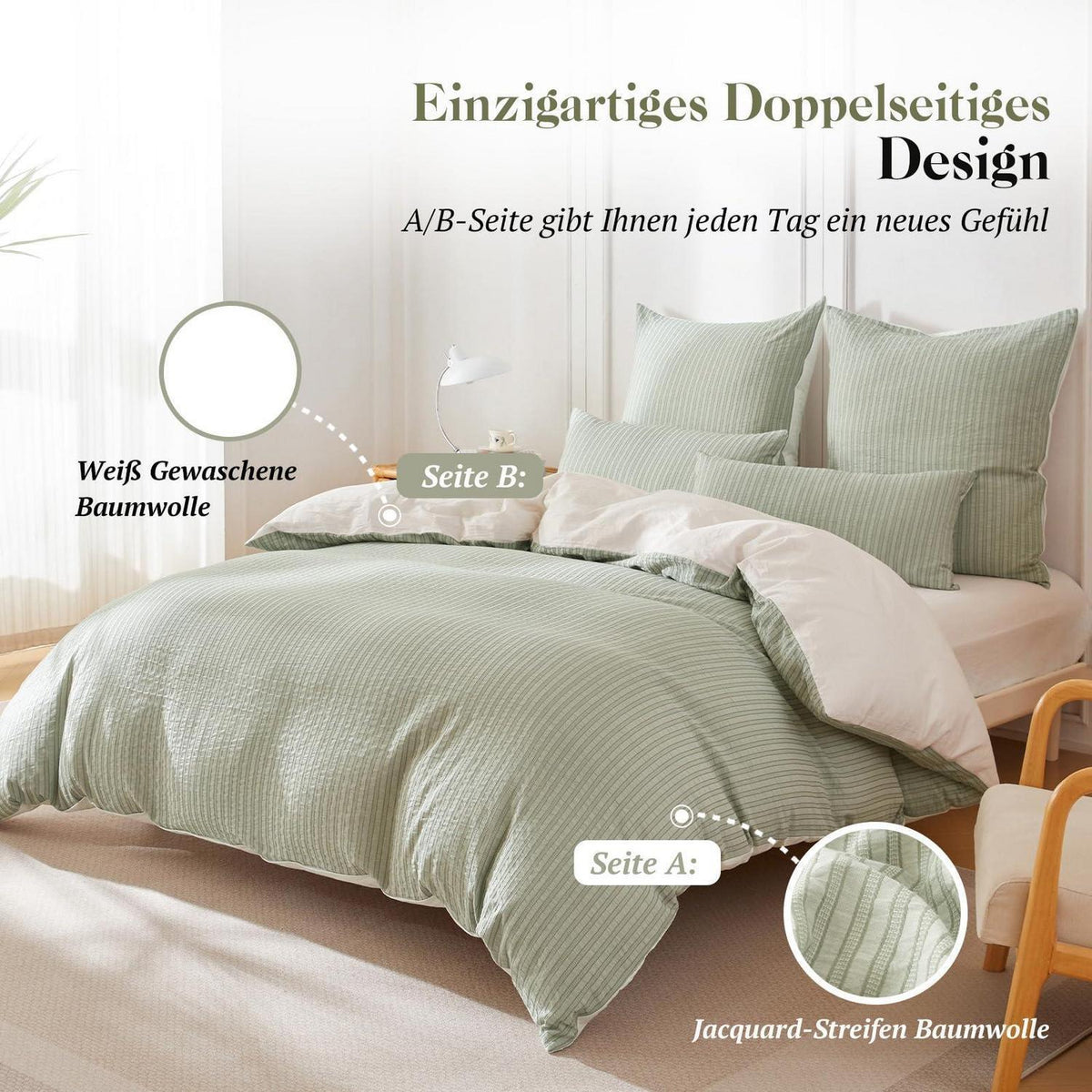 Bettwäsche-Set 135x200 Baumwolle Salbeigrün 4tlg. Jacquard & Stone Wash