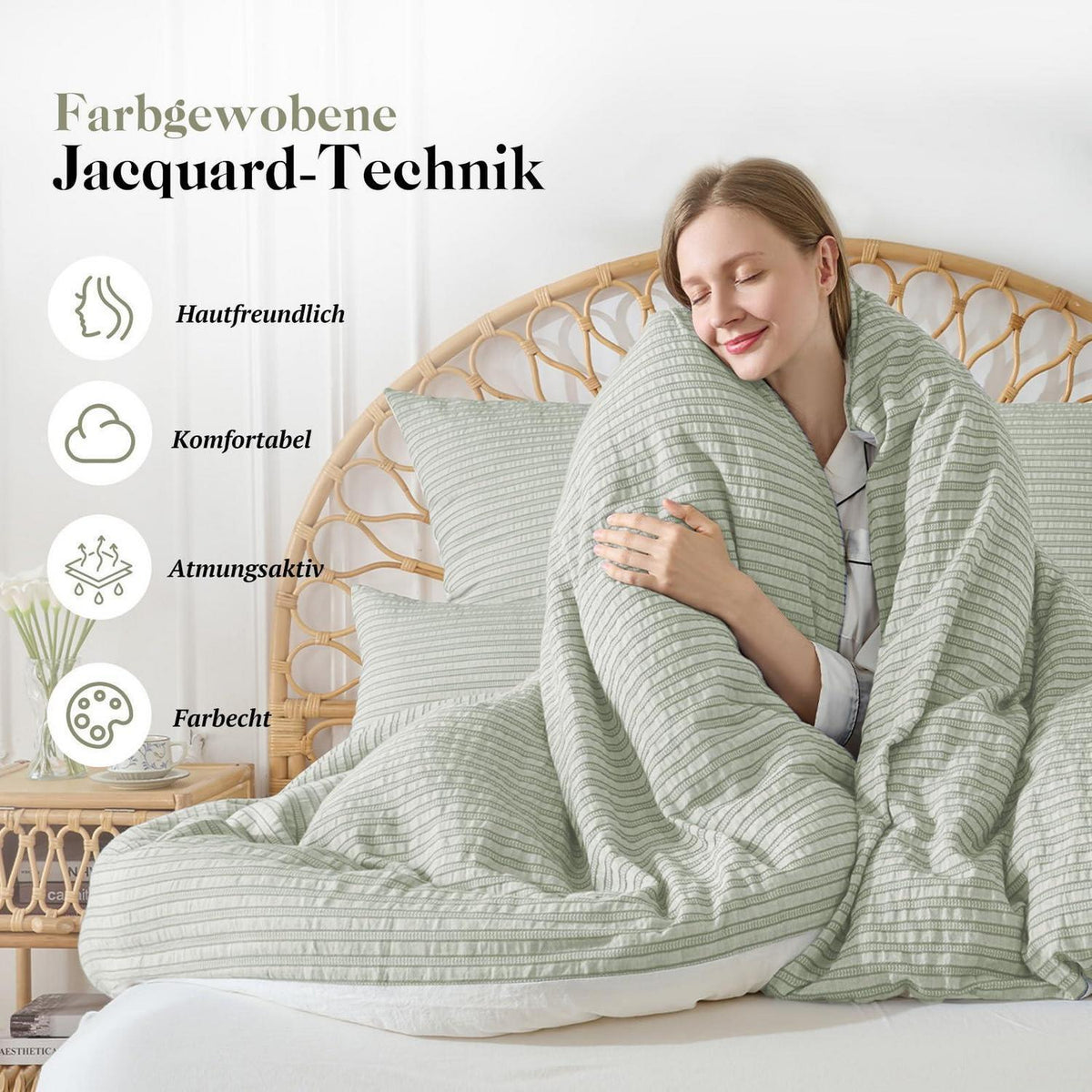Bettwäsche-Set 135x200 Baumwolle Salbeigrün 4tlg. Jacquard & Stone Wash