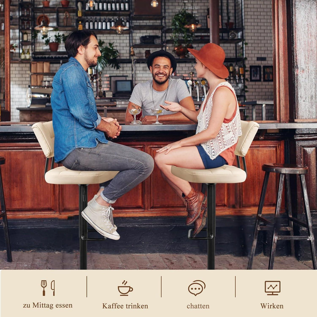 Barhocker Set 2er – Höhenverstellbar, Beige in Lederoptik