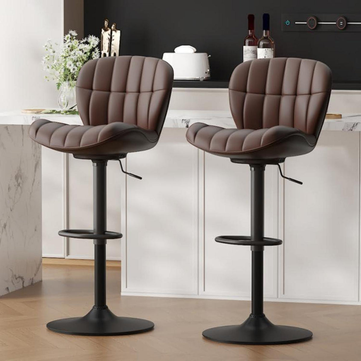 Barhocker Set 2x Höhenverstellbar Braun in Lederoptik