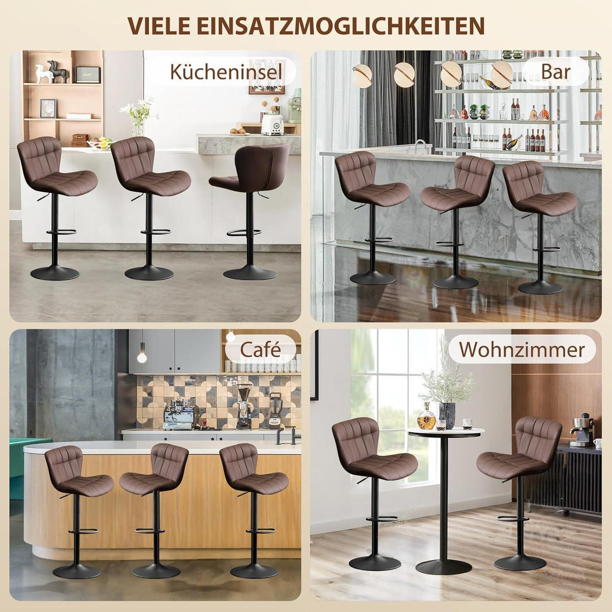 Barhocker Set 2x Höhenverstellbar Braun in Lederoptik