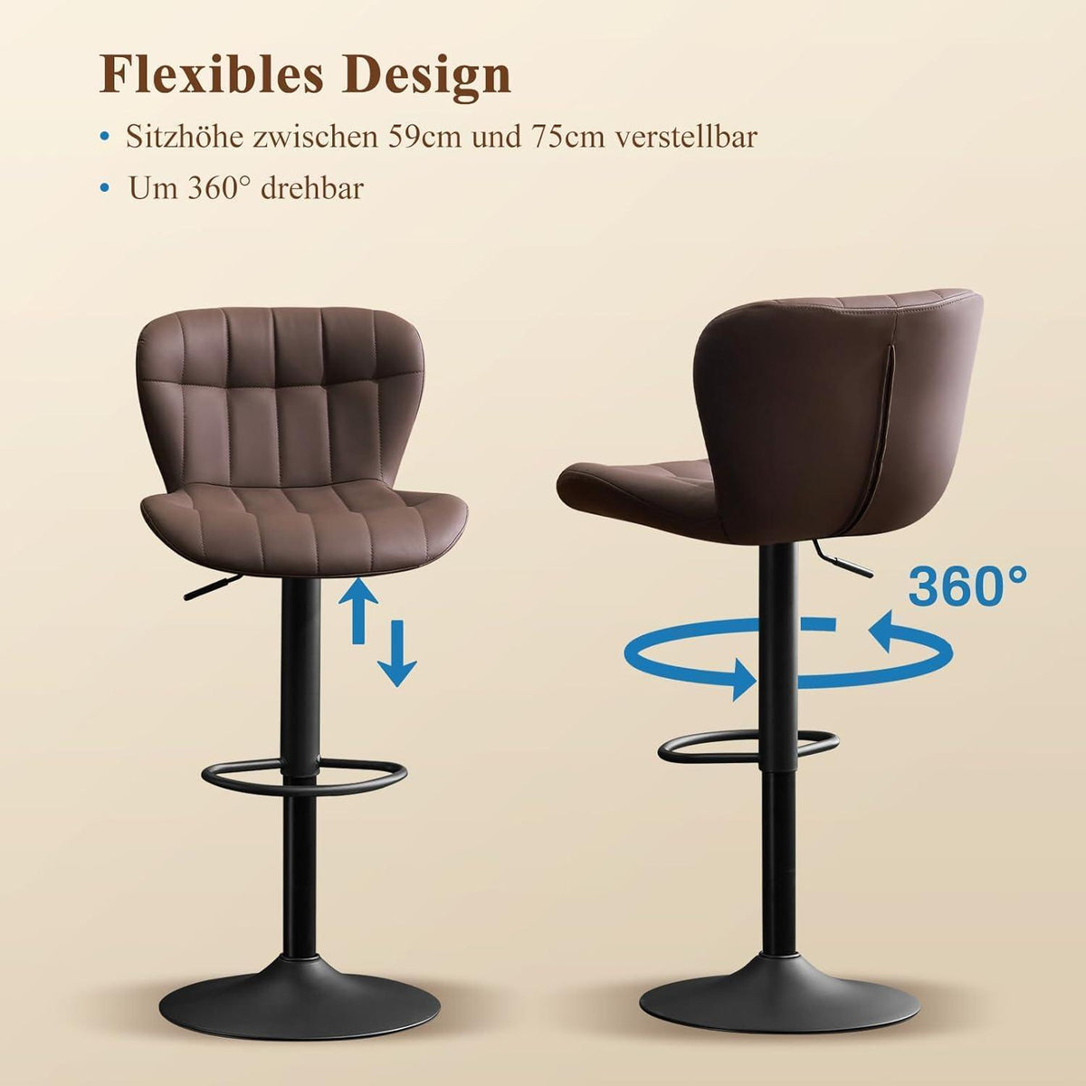 Barhocker Set 2x Höhenverstellbar Braun in Lederoptik