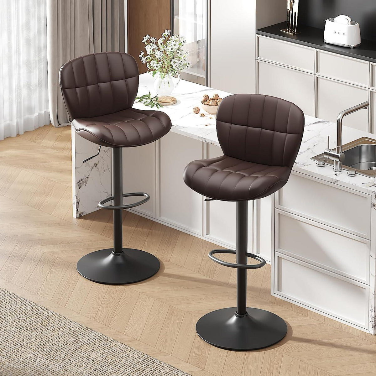 Barhocker Set 2x Höhenverstellbar Braun in Lederoptik