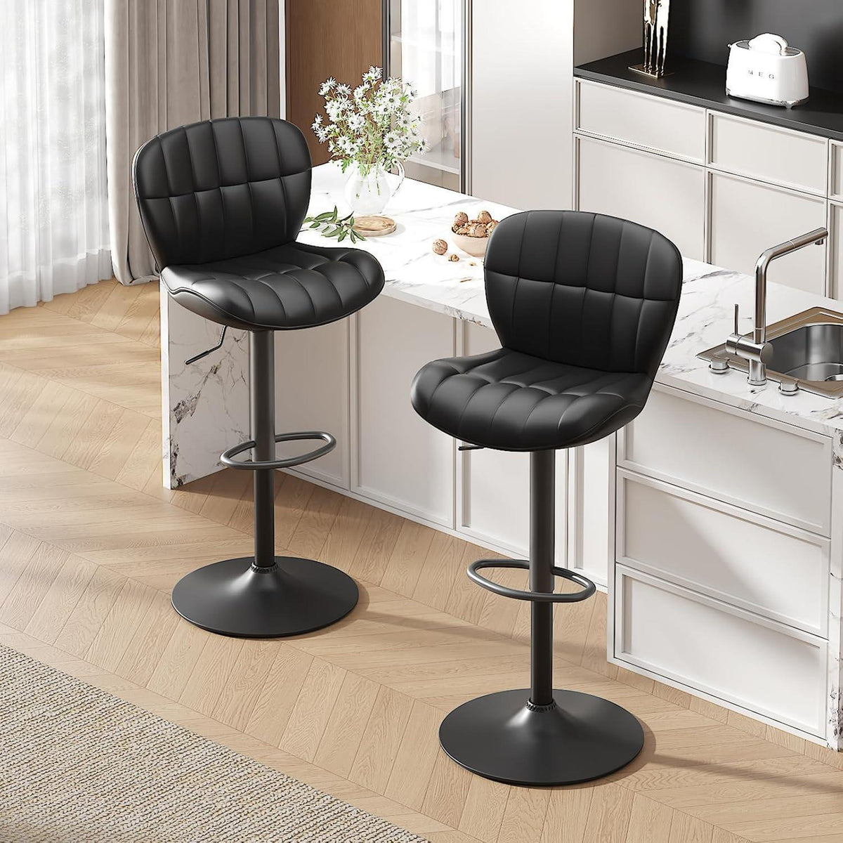 Barhocker Set 2x, Höhenverstellbar, Schwarz in Lederoptik