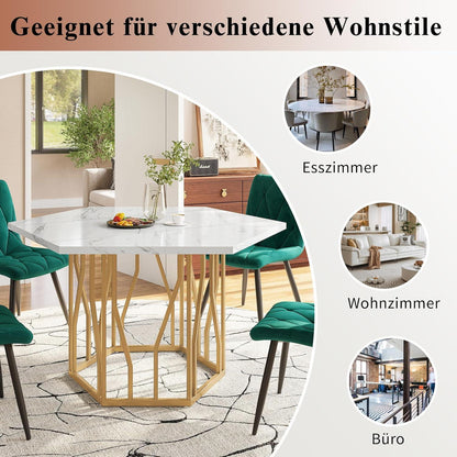 Moderner sechseckiger Esstisch mit Marmorplatte & Goldgestell