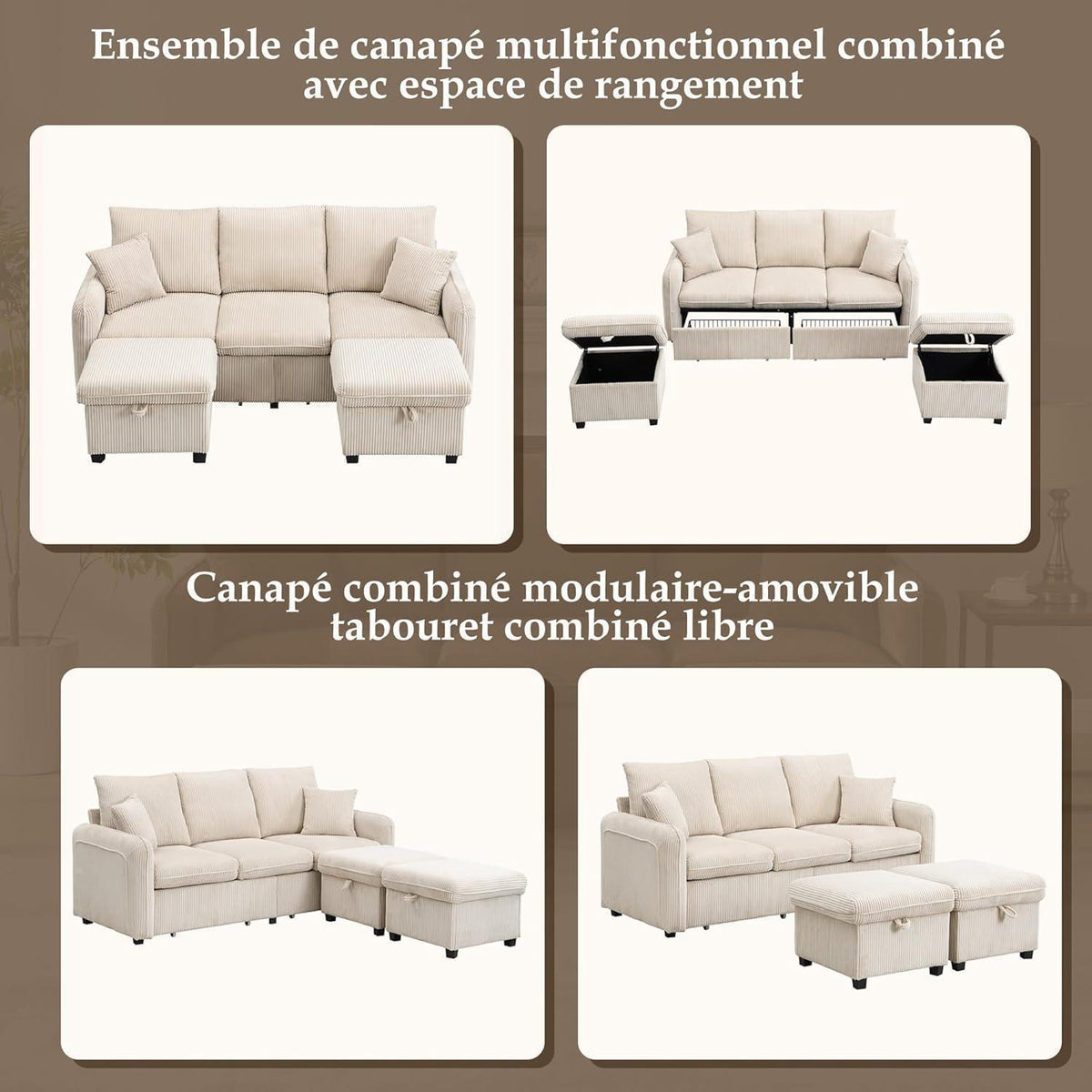 Multifunktionales Ecksofa mit Stauraum & Schlaffunktion (Beige)