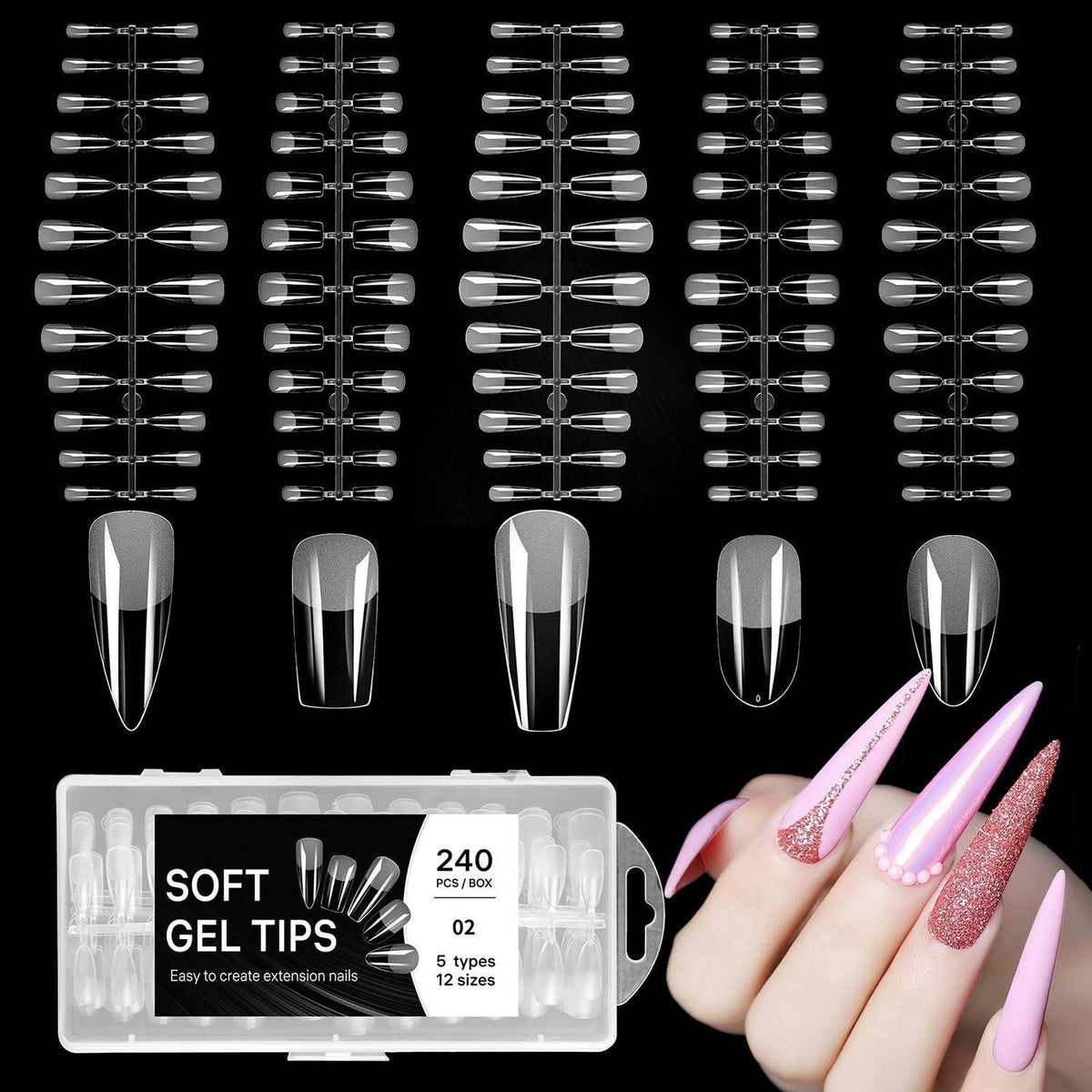 Künstliche Nägel Ballerina Almond 240 Stück Full Cover Nageltips