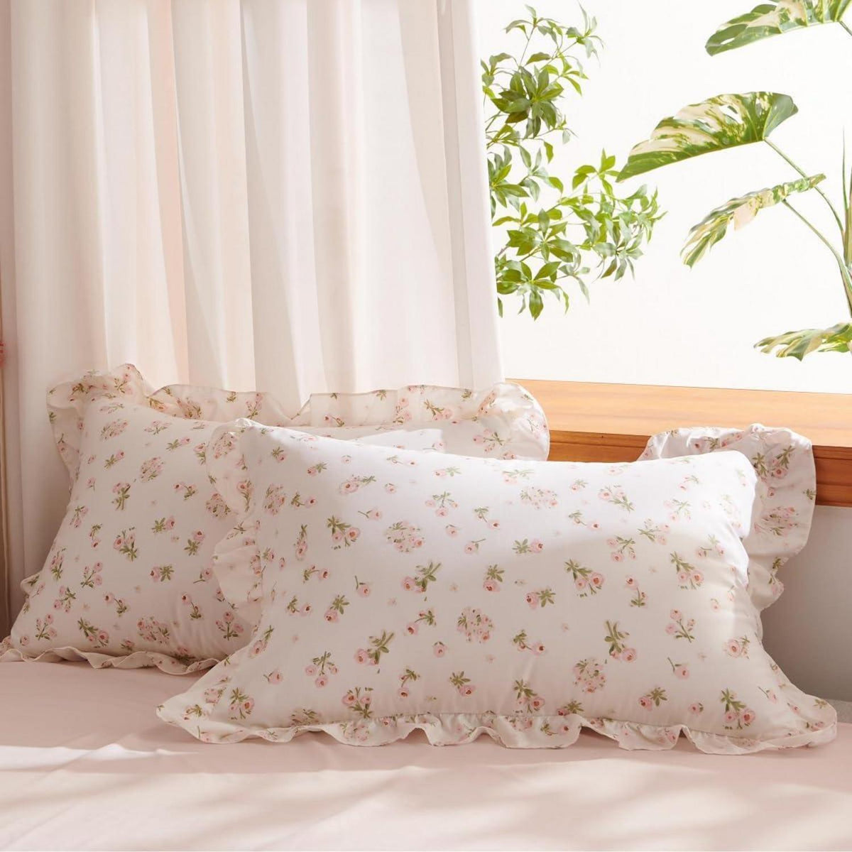 Rüschen Bettwäsche Set Rosa Blumen 135x200/80x80