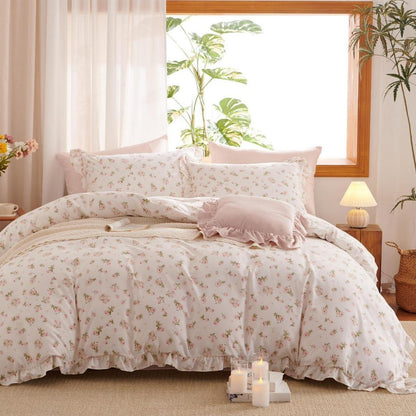 Rüschen Bettwäsche Set Rosa Blumen 200x200 + 2x80x80