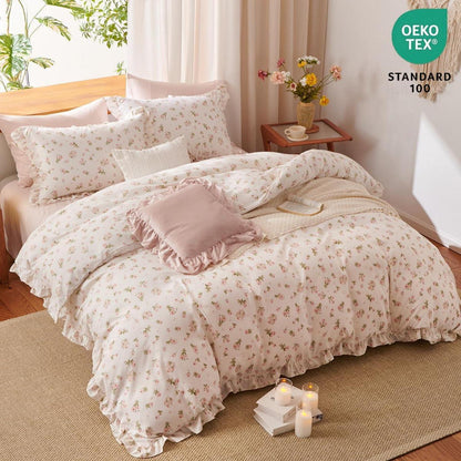 Rüschen Bettwäsche Set Rosa Blumen 200x200 + 2x80x80