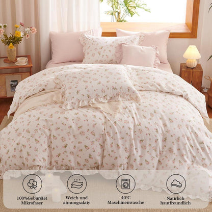 Rüschen Bettwäsche Set Rosa Blumen 200x200 + 2x80x80