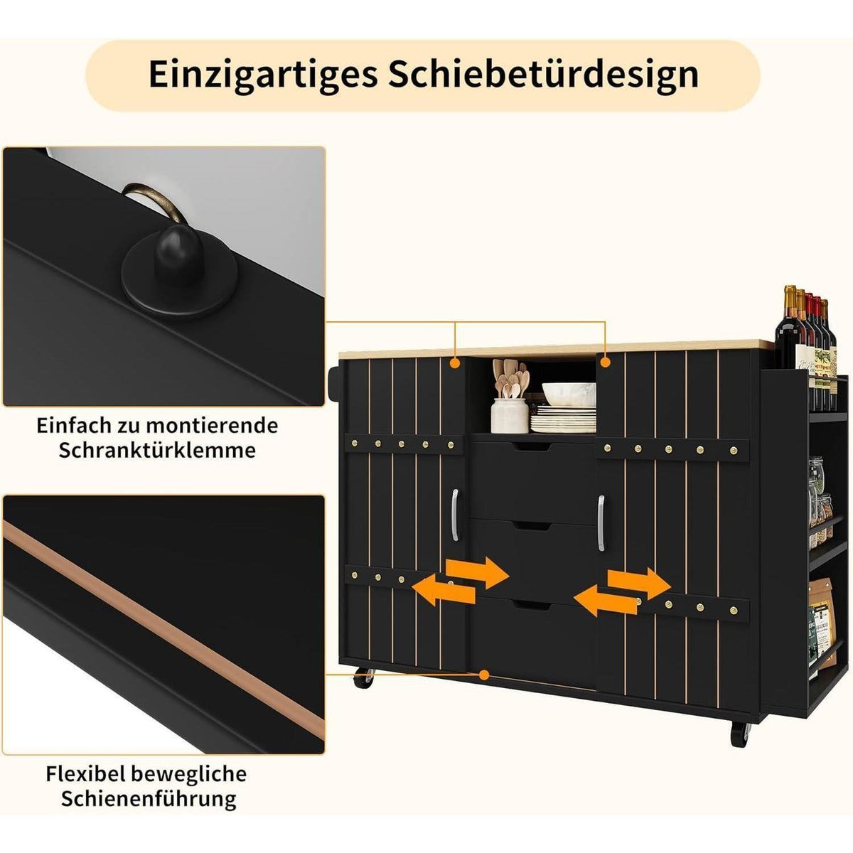 Kücheninsel mit ausziehbarer Arbeitsplatte & Stauraum Schwarz