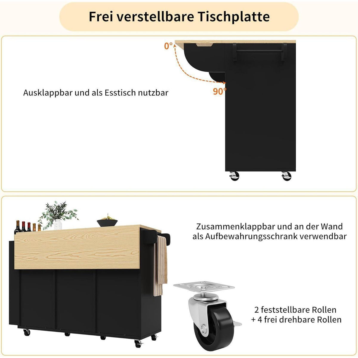 Kücheninsel mit ausziehbarer Arbeitsplatte & Stauraum Schwarz