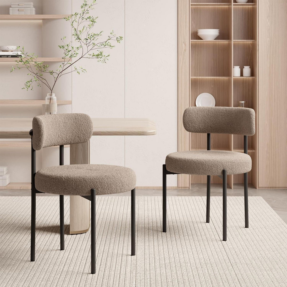 2er Set Esszimmerstühle Bouclé Grau-Braun Mid-Century Stil
