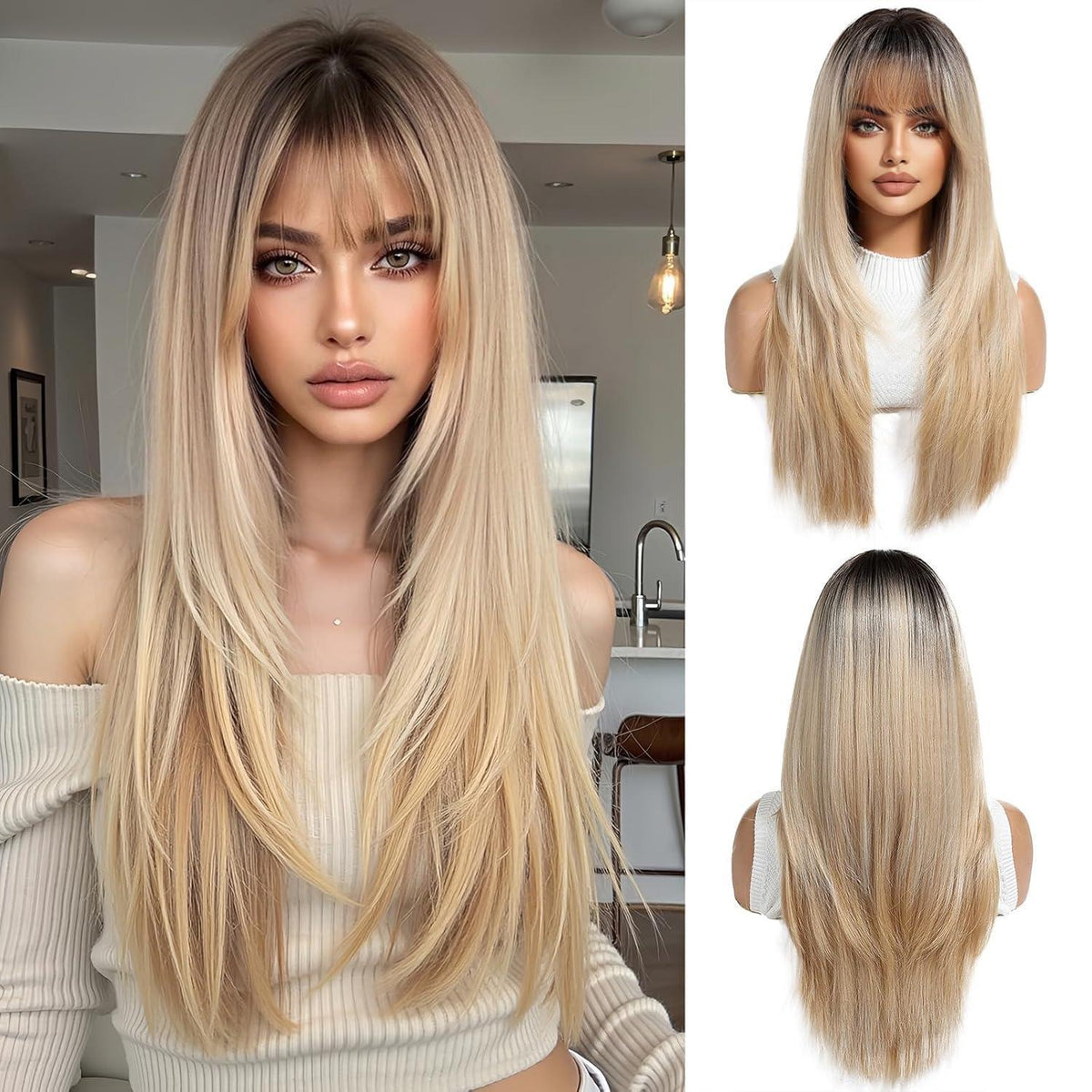 Ombre Blonde Perücke mit Pony, lange synthetische Haare