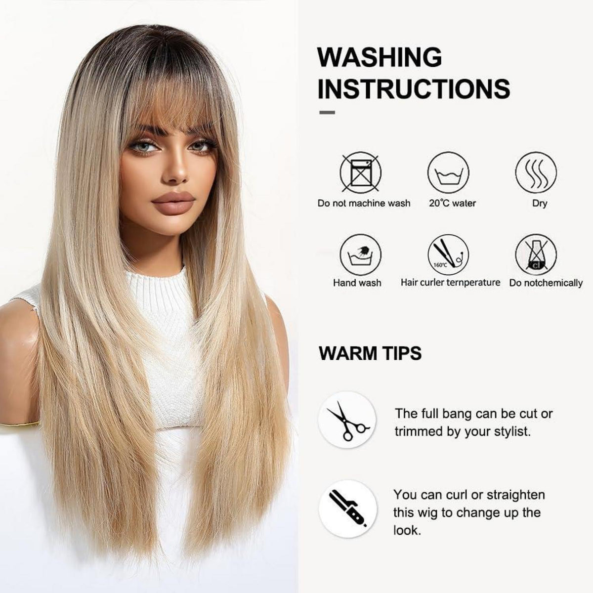 Ombre Blonde Perücke mit Pony, lange synthetische Haare