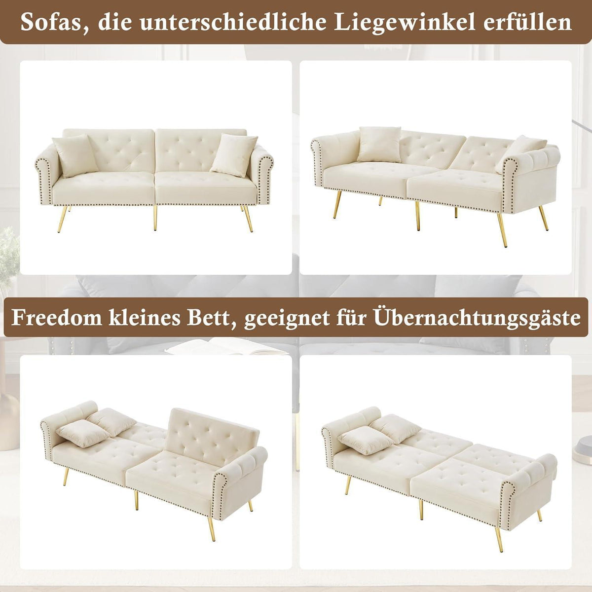 Zweisitzer Schlafsessel Beige Samt mit Verstellbarer Lehne