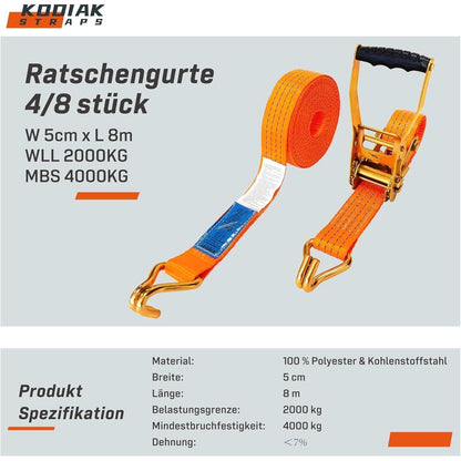 8 Spanngurte 8m | 4000kg | Orange Ratschengurt